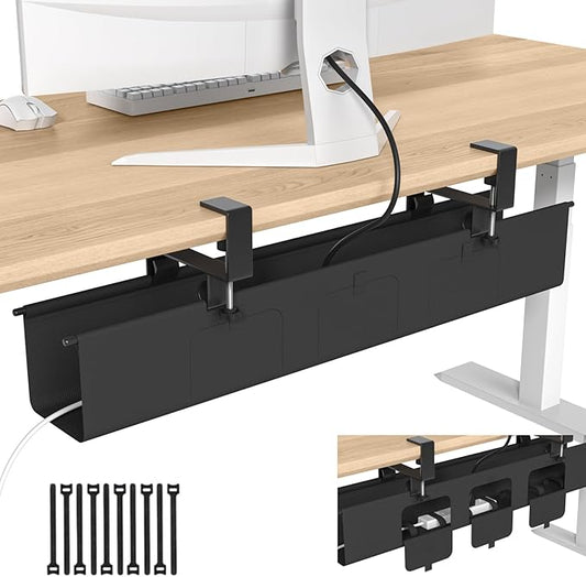 Under Desk Cable Management Tray, 36” Fabric No Drill Clamp Mount Cord Organizer for Desk, Heavy Duty Wire Management for Office Home, Black