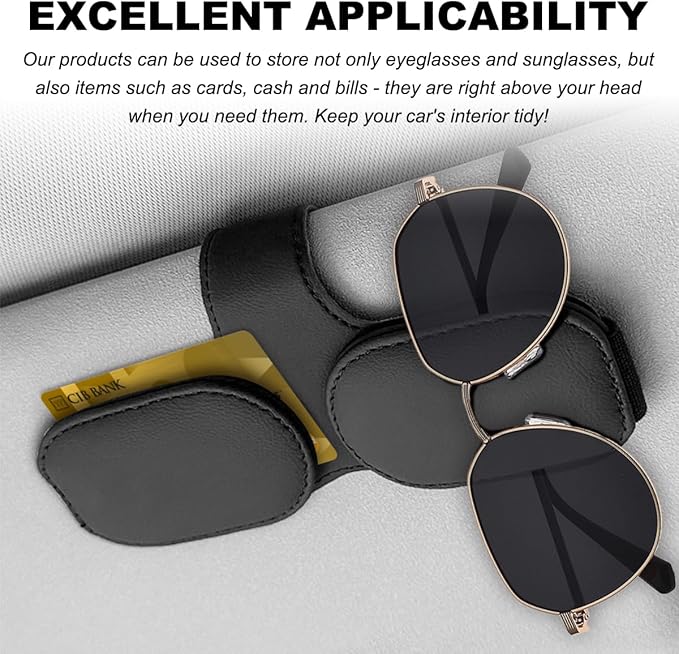 DXNQ Sunglass Holder for Car Sun Visor, Leather Magnetic Eyeglass Holder Mount Clip for Visor, Universal Eyeglasses Hanger and Ticket Card Clip for Vehicle Visor, Car Accessories (Black+Double Clip)