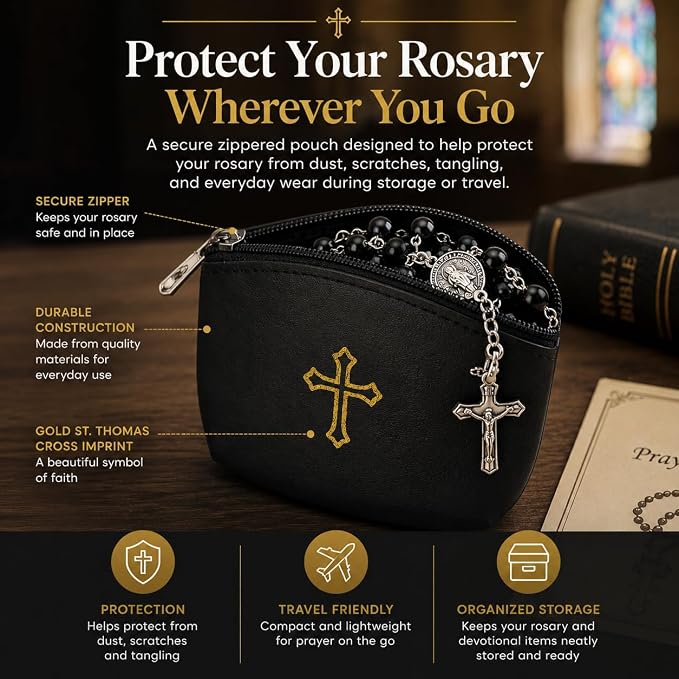 Blue Rosary Pouch with Zipper & Gold St. Thomas Cross Imprint | Compact Leatherette Rosary Case for Small to Medium Rosaries | Protective Travel Rosary Holder for Men & Women