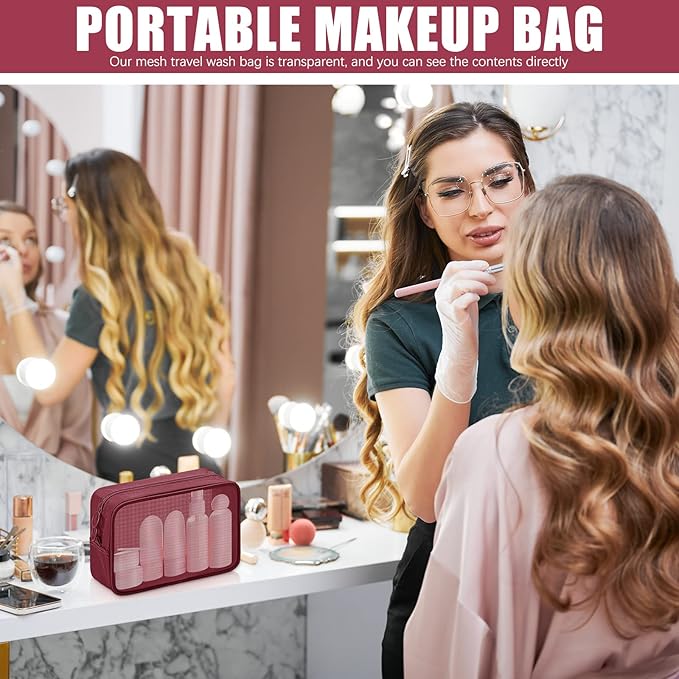 Weewooday 4 Pcs Mesh Makeup Bag Mesh Cosmetic Bag Travel Toiletry Pouch with Zipper Mini Makeup Cosmetic Purse for Daily Accessory(Small, Large, Medium,Wine Red)
