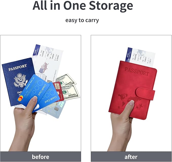 Passport Holder, Passport Cover with Credit Card Slot and Boarding Pass Slot Combo, Passport Wallet Case Book Travel Must Have, RFID Blocking Leather Travel Accessories, Red