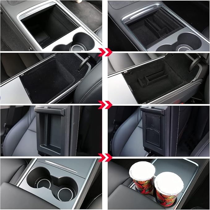 4 PCS Center Console Organizer and Cup Holder Insert Compatible With 2021-2023 Tesla Model 3，2021-2024 Model Y, Flocked/Silica Rubber Armrest Hidden Cubby Drawer Storage Box Accessories