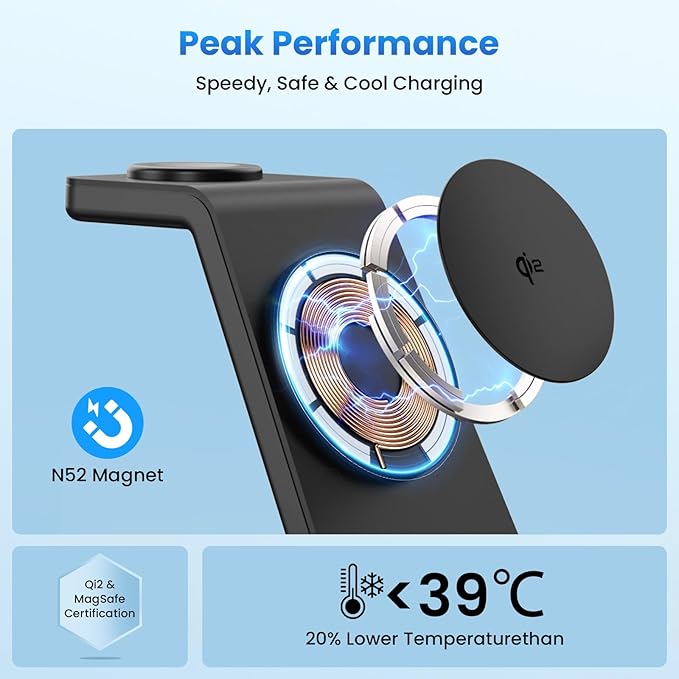 Qi2 15W Charging Station for iPhone 17: JoyGeek 3-in-1 Fast Wireless & Magnetic Charger for Magsafe, iPhone 17-12, Apple Watch Ultra 2-11 & AirPods 2-4, Includes 30W PD Adapter