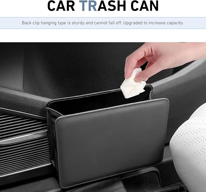 Car Trash Can, Leather Foldable Waterproof Garbage Organizer with 1 Roll Trash Bags, Multi-Function Hanging Interior Holder for Car SUV (Black)