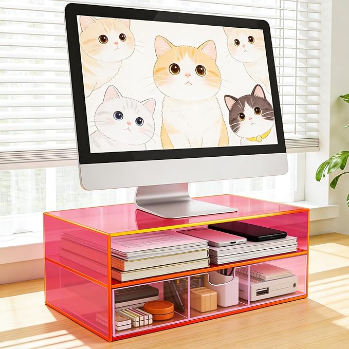 Gelite Acrylic Computer Monitor Stand for Desk Monitor Riser with Drawer Desktop Monitor Shelf with Storage, Neon Pink