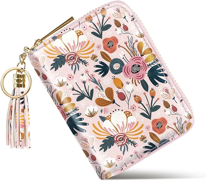 Coco Rossi Leather Credit Card Wallet for Women, RFID Blocking Zipper Cards Holder with Tassel, Pink Flowers