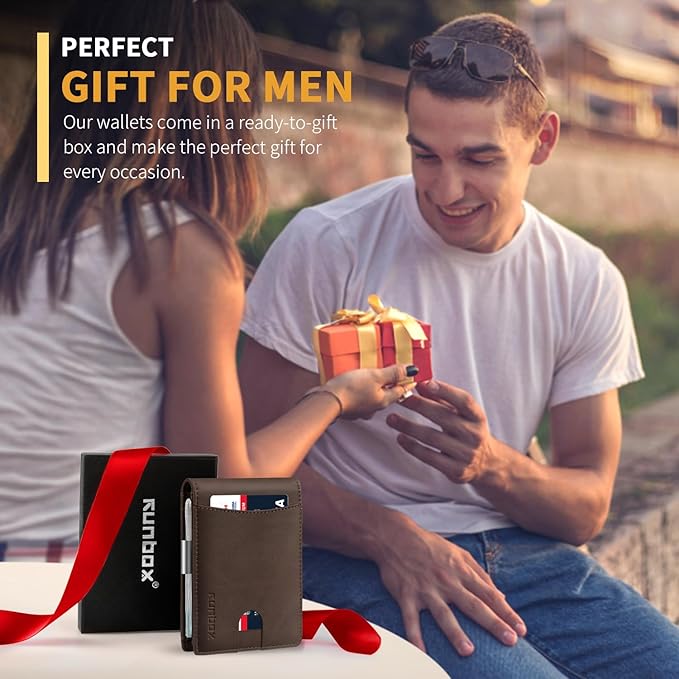 RUNBOX Slim Money Clip Wallets for Men RFID Blocking 11 Card Holder Minimalist Small Leather Bifold Men's Front Pocket Wallet Gift Box