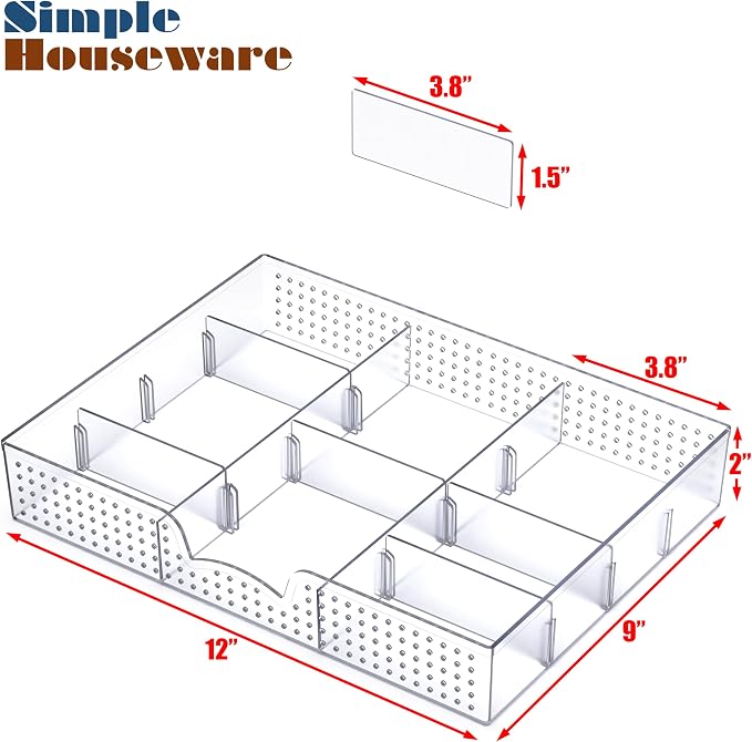 Simple Houseware Drawer Organizer Tray with 9 Adjustable Compartments, Clear