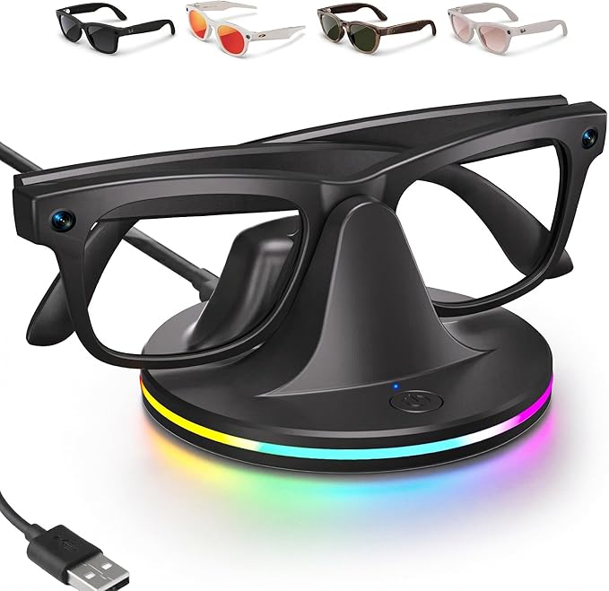 Charging Dock for Meta Ray-Ban Glasses, Charging Stand Compatible with Wayfarer, Skyler, Headliner & Oakley Meta HSTN, with USB-C Cable and 7-Color RGB, Black