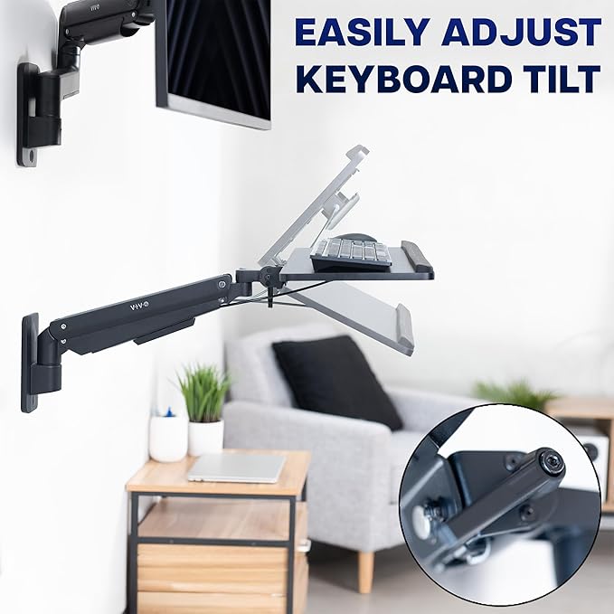 VIVO Sit-Stand 24 Inch Pneumatic Spring Keyboard and Mouse Tray Wall Mount, Counterbalance Height Adjustable Typing Platform, Ergonomic Tilt, Black, MOUNT-KB26C