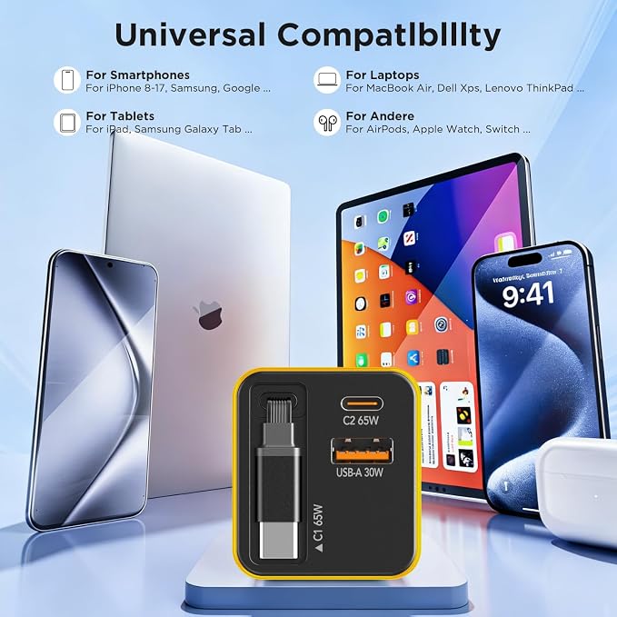 65W GaN USB C Charger with Retractable Charging Cable, 3-Port Power Adapter | Fast travel charger for MacBook, iPhone 17 16 15, Samsung Galaxy S24, iPad, multi port compact wall charging block,Yellow