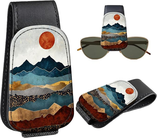 Leather Magnetic Sunglass Holder for Car Sun Visor, Cute Eyeglass Ticket Card Hanger Clip, Universal Auto Interior Accessories for SUV Pickup Truck, Sunset Mountain