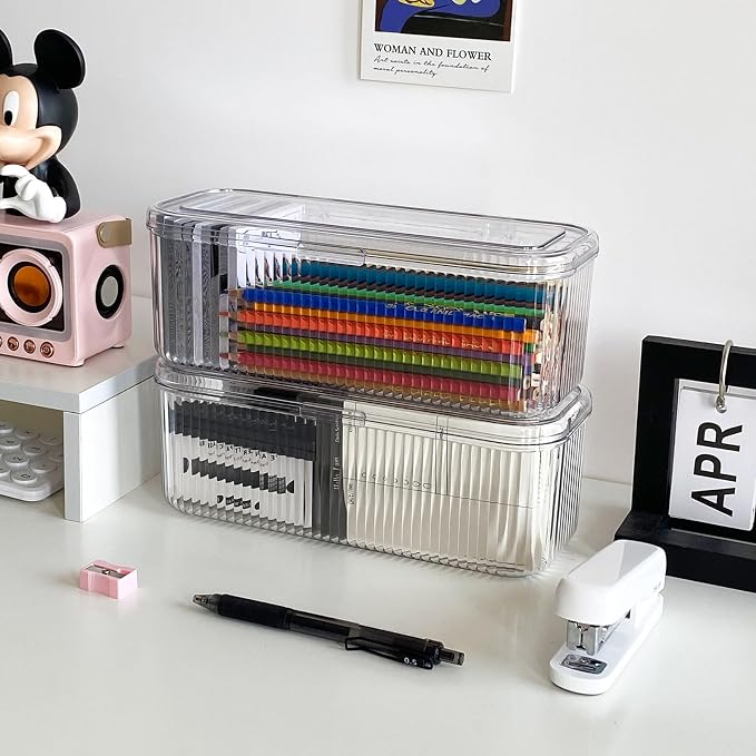 Clear Pen Organizer with Lid, Plastic Desk Drawer Accessories Storage Box for Home Office and School Classroom Organization, Art and Crafts Case for Marker, Pencils, Stationery