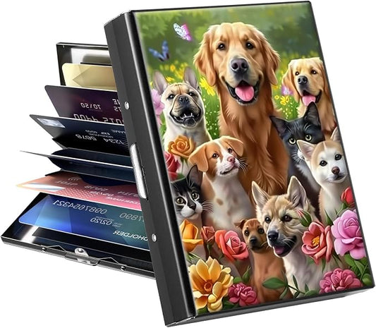 Metal Wallet for Women Men Girls, RFID Blocking Slim Aluminum Credit Card Holder, Mini Travel Wallet with Hard Shell, Lightweight ID & Business Card Case,Dog