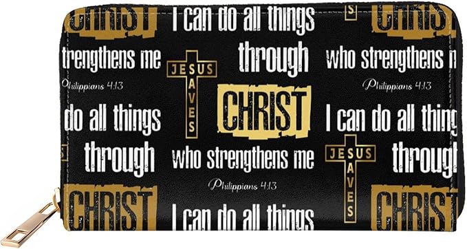 Jesus Cross Leather Wallet Phone Credit Card Money Holder with Many Rooms Zipper Purse for Women Men