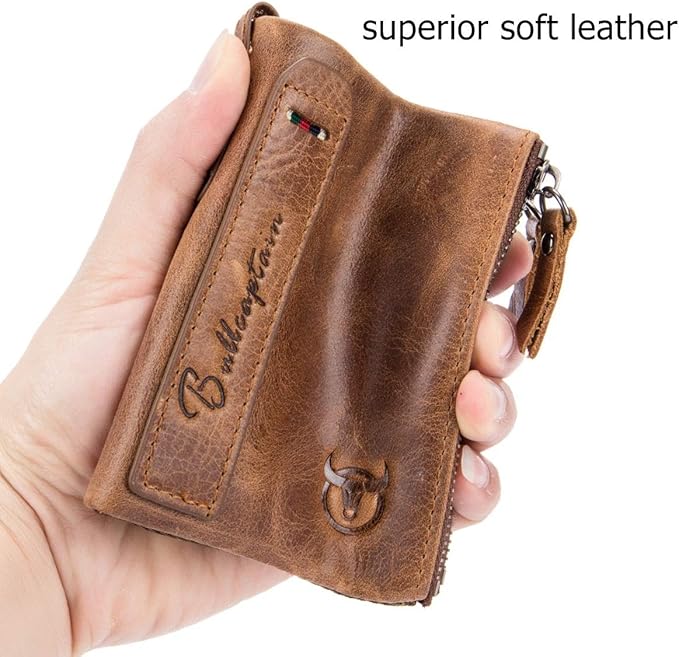 BULLCAPTAIN Genuine Leather Wallet for Men Vintage Bifold with Double Zipper Pockets (Brown)