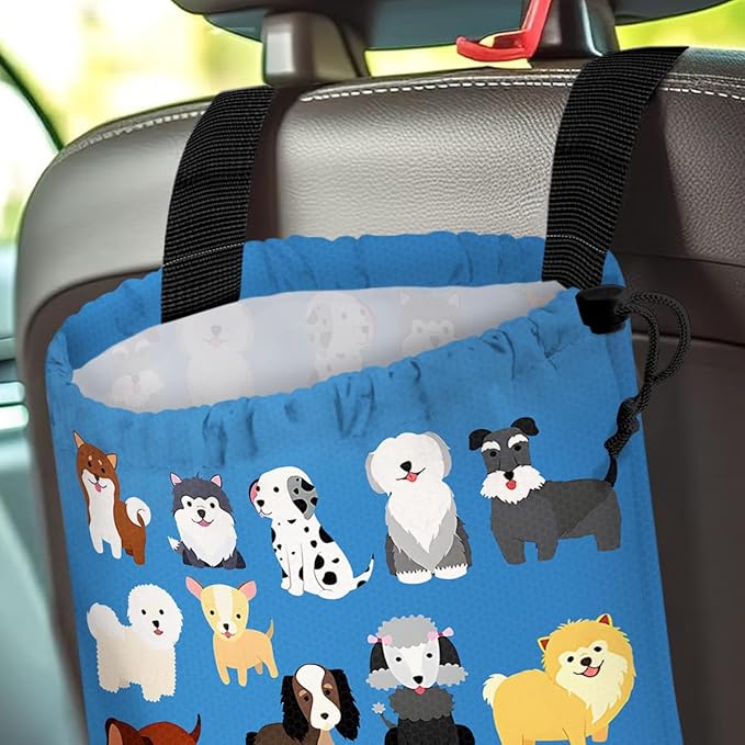 Car Trash Bag Hanging Back of Seat Waterproof Small Cute Printed One-Handed Strap Drawstring Garbage Bags for Car-Cute Animal Dogs
