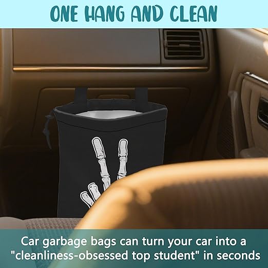 Car Garbage Bag Skeleton Hand Peace Sign Drawstring Car Trash Bag Hanging for Back Seat with Adjustable Buckle Canvas Vehicle Trash Can Easy-to-Install