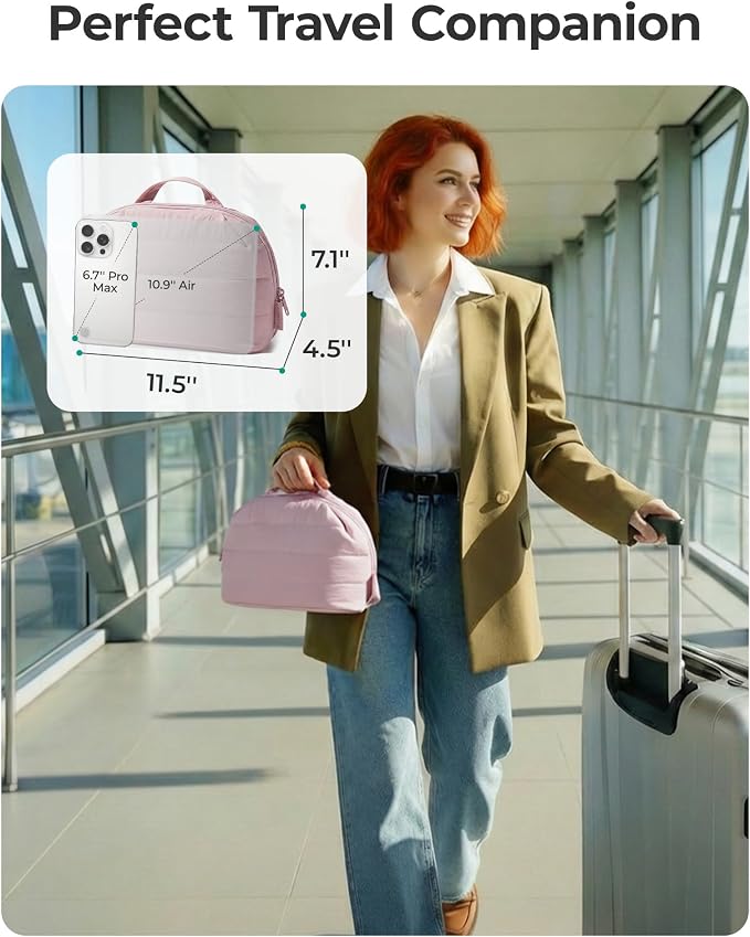 BAGSMART Travel Makeup Bag for Women, Portable Fold-down Cosmetic Case, Puffy Padded Make Up Organizer Pouch, Water-resistant Toiletry Bag for Toiletries, Brushes (Dark Pink)