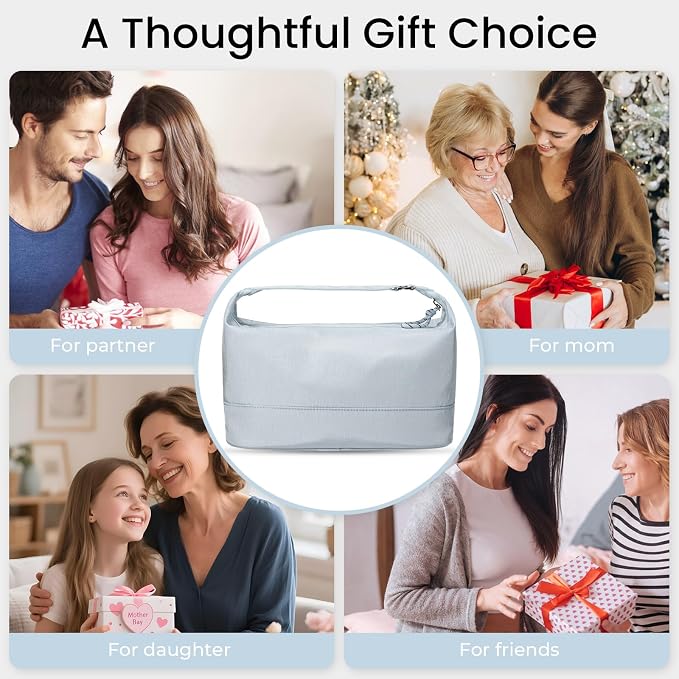 HauteHues Travel Makeup Bag for Women, Roomy Cosmetic Bag and Toiletry Bag with Wide Open Design, Soft Nylon Pouch for Makeup, Skincare, Toiletries, Gym, Carry-On and Weekend Trips, Gray Blue