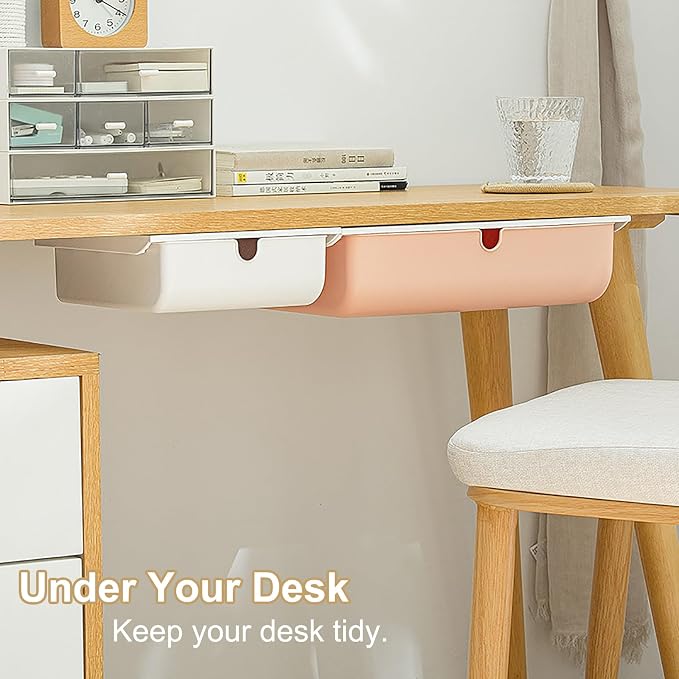 2 Pack Under Desk Drawer, Large & Medium Self-Adhesive Under Desk Organizer, Hidden Under Desk Storage Box Cosmetics Case Stick On Under Table Tray Holder for Cutlery, Office Supplies, Stationery