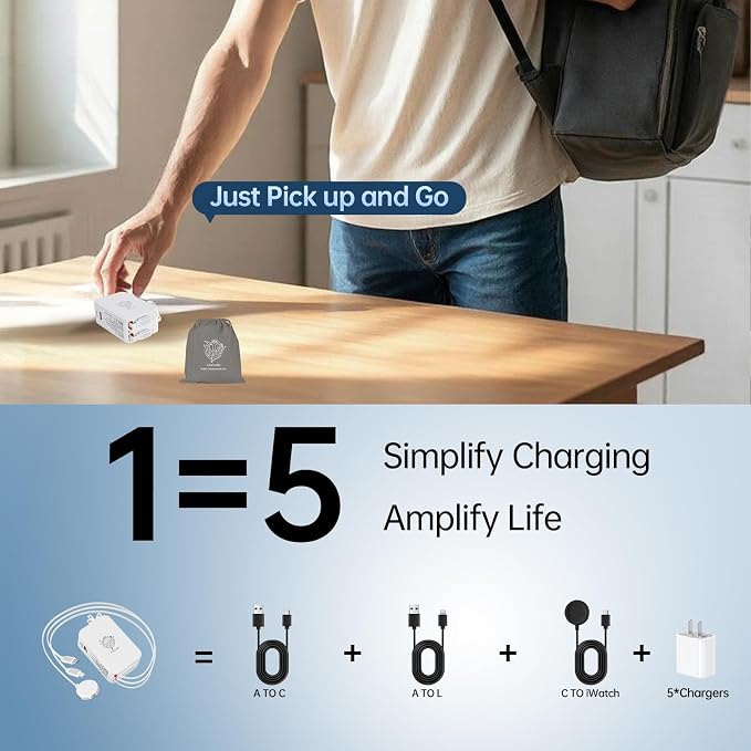 Retractable Apple Watch Charger, 5 in 1 Wall Charger with 3 Retractable Cables for Older iPhones & USB-C Devices, 35W Foldable Charger Block for iPhone 17/16/15/14, iPad, AirPods