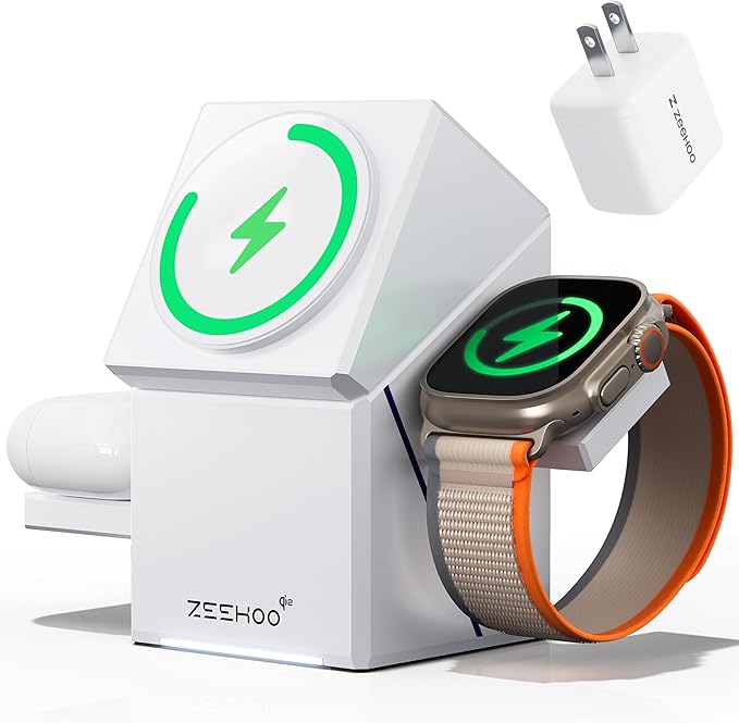 ZEEHOO 3 in 1 Charging Station, for iPhone Charging Station, for Apple MagSafe Charger, Qi2 Certified, 15W Fast Wireless Charger, for Apple Watch, for iPhone 17,16,15,14,13,12 Series, AirPods (White)