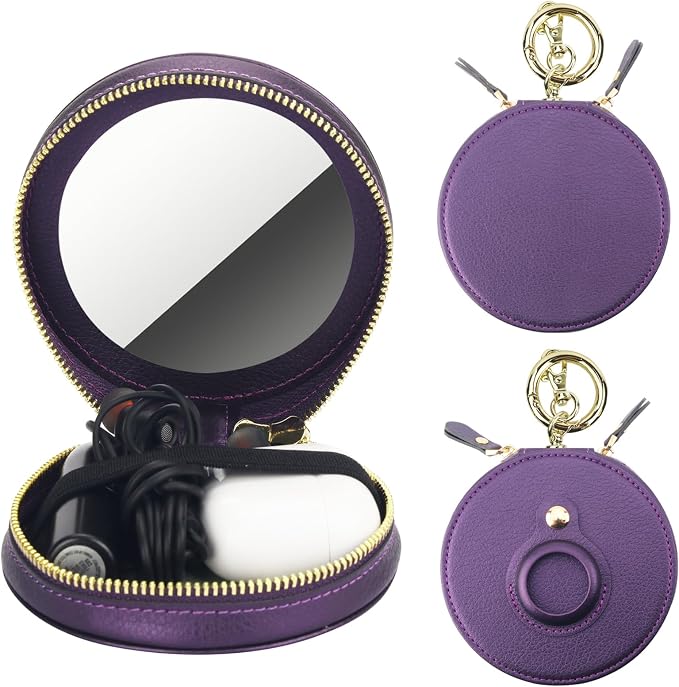 Bocasal Coin Pouch Mini Lipstick Cosmetic Bag with Airtag Holder Mirror, Leather Zipper Travel Makeup Bag Keychain Ring Clasp for Keys Earbuds Earphone Lip Gloss Chapstick Women Girls (Dark Purple)