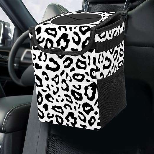 Car Trash Can Leopard Wate-rproof Auto Garbage Bag Car Trash Can with Lid Leak-Proof Car Storage Bag Hanging for Headrest Collapsible and Portable with Storage Mesh Pocket