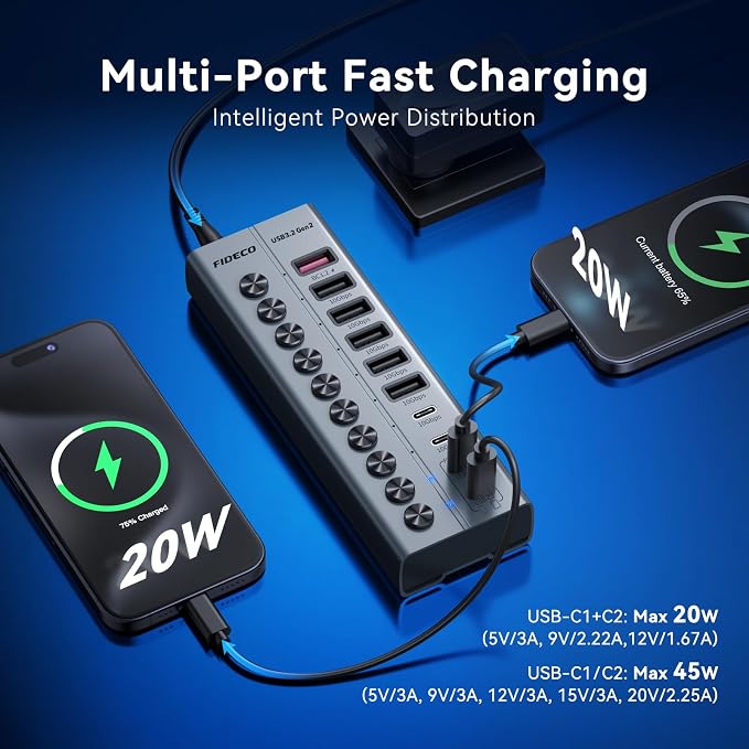 FIDECO 10-Port 72W Powered USB Hub, USB C Hub with 1 BC1.2, 2 PD 45W Charging Ports, and 7 USB 3.2 Ports (5 USB-A + 2 USB-C), Aluminum 10Gbps USB Hub for Laptop, PC, MacBook, iPhone 17/16/15, Grey