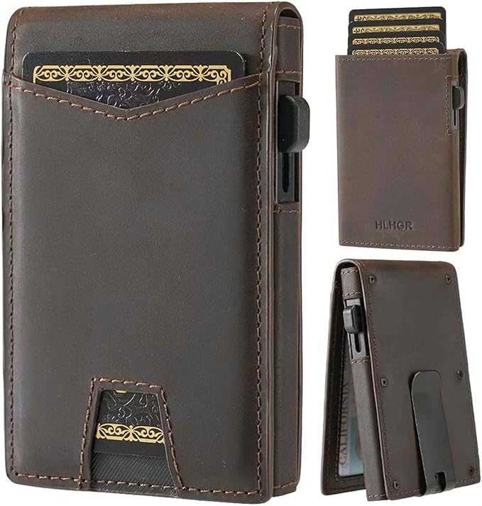Wallet for Men，Slim Minimalist Smart Wallet for Men With Money Clip Genuine Leather Card Holder RFID Blocking Metal Aluminum Pop Up Card Wallet with ID Window Gift