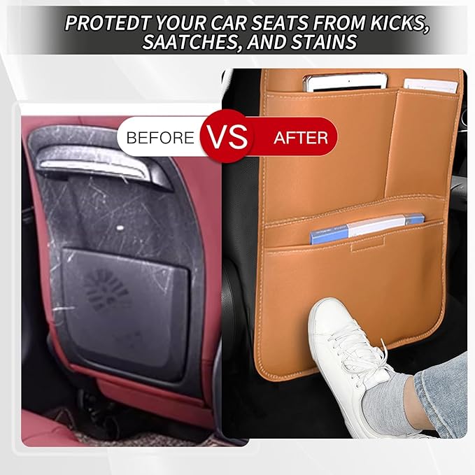 Kick Mat Back Seat Protector， Waterproof Leather Car Seat Back Organizers Cover with 3 Storage Pockets for Kids Pets SUV Sedan Minivan Truck Car Travel Accessories (Cayenne Yellow 2-pack)