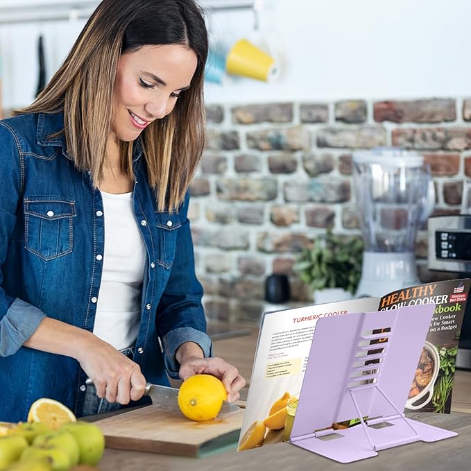 Honagu Book Stand Metal Desk Book Holder, Book Holders for Reading Hands Free, Adjustable Cookbook Documents Holder, Portable Bookstand for Music Books, Textbook, Recipe, Tablet, Ipad (Light Purple)