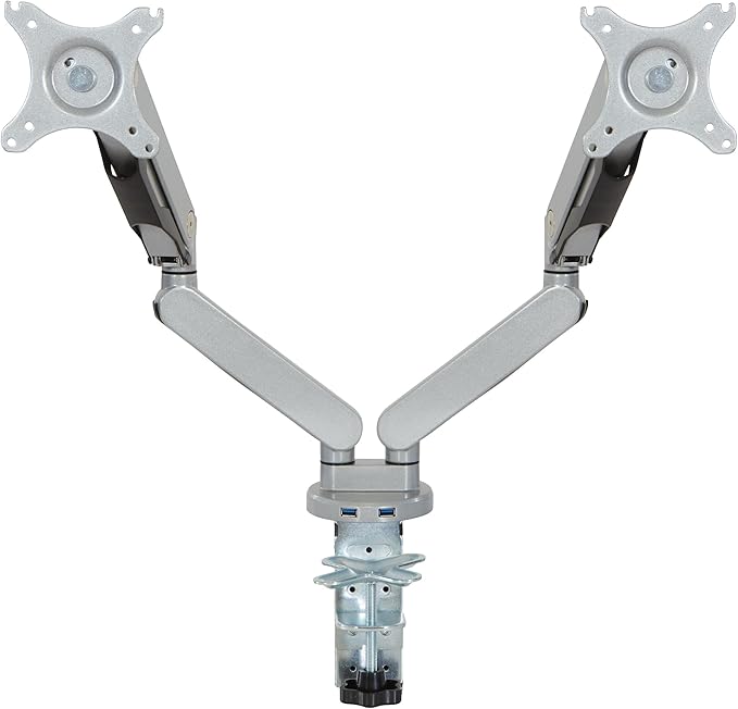 Office Star Ascend II Double Monitor Arms with Dual USB 3.0 Ports, 3-Point Rotation and VESA Mounting Bracket for 17-inch to 30-inch Monitors, Silver