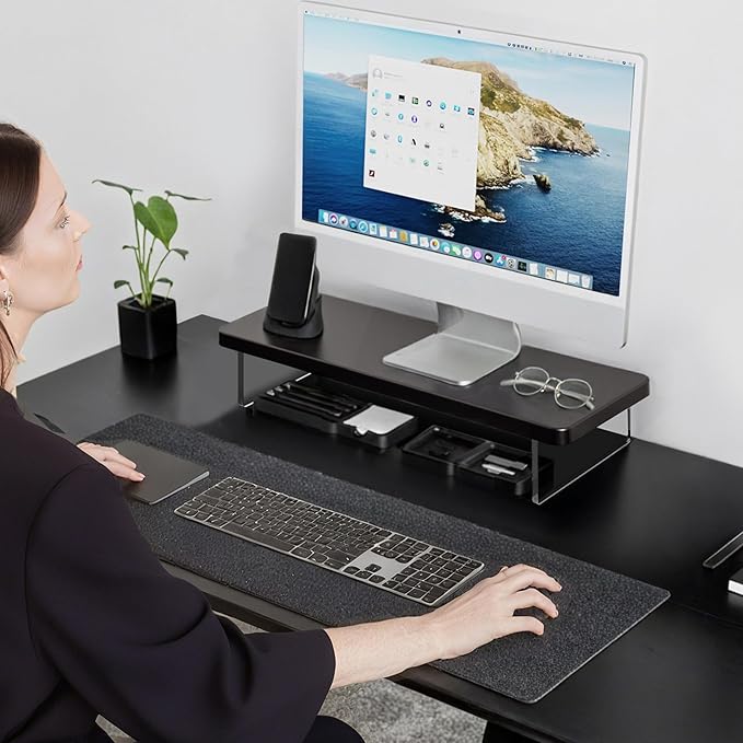 Computer Monitor Stands, Wood & Acrylic Computer Monitor Stand, Desk Monitor Stand Underneath Storage For Office, Home, School Supplies, 15.7" L (Black)