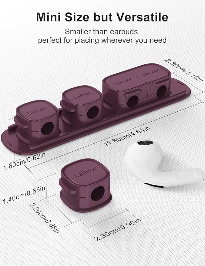 6 Pack Magnetic Cable Clips [1s Open/Lock], Laitver Cord Organizer Holder Strong Adhesive Desk Cable Management- Organize Charging Cords Neatly for Home, Office, Car,Desk, Nightstand-Dark Purple