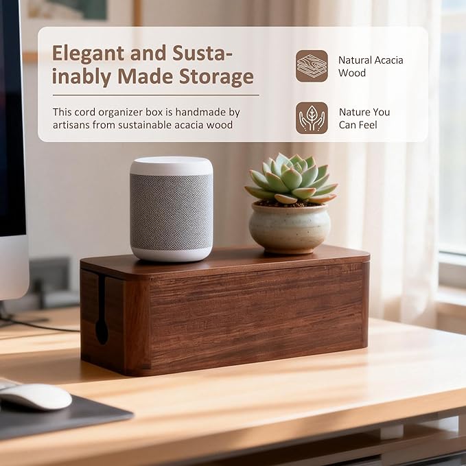 Large Acacia Wood Cable Management Box - Cord Hider & Organizer for TV Wires, Power Strip, Electrical Hiding, Desk & Floor Cables - Solution Wire Storage Solution for Office, Living Room, Bedroom