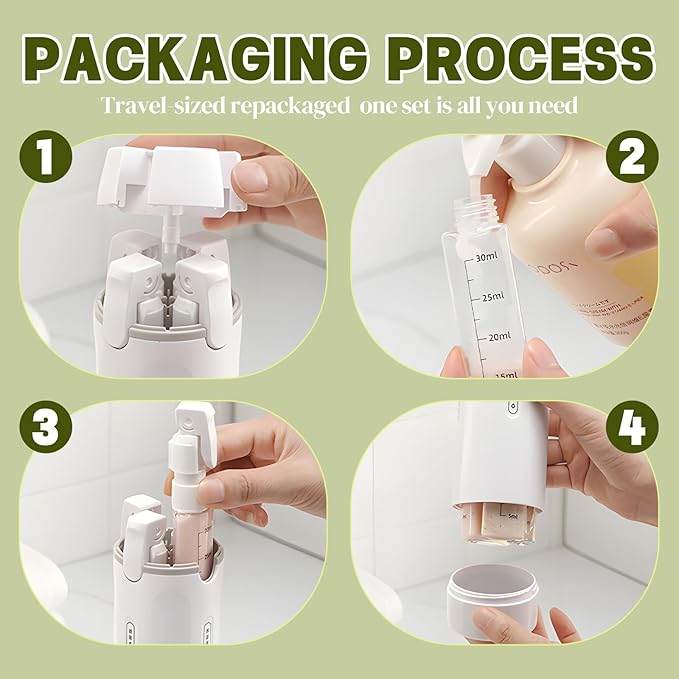 4 in 1 Travel Dispenser, 4 Pack 30ML Travel Bottles with Measurement Scale & Label Stickers for Toiletries, Leak Proof Dispenser Bottle Containers for Shampoo Lotion Conditioner Cream (Green)