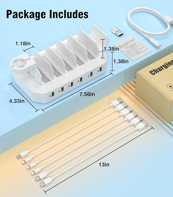 𝟐𝟎𝟐𝟓 𝐔𝐩𝐠𝐫𝐚𝐝𝐞𝐝 Charging Station for Multiple Devices【Tested Safer & Efficient Charging】 6-Port USB Charging Dock Compatible with iPhone/Android/MacBook/Tablet/Kindle & Other Electronic