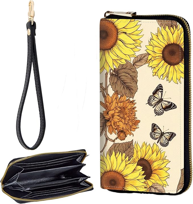 Zip Around Wallets for Women with Detachable Wrist Strap, Large Capacity RFID Blocking Leather Purse Organizer Card Holder Wristlet,Vintage Butterfly Sunflower