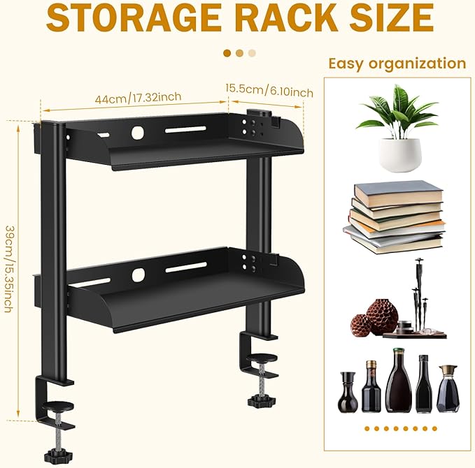 Clamp on Desk Shelf Organizer, 2-Tier Clamp on Desk Shelf, 17.32" Space Saving Table Mount Storage Rack with Cable Holes and Adjustable Trays for Home Office Accessories