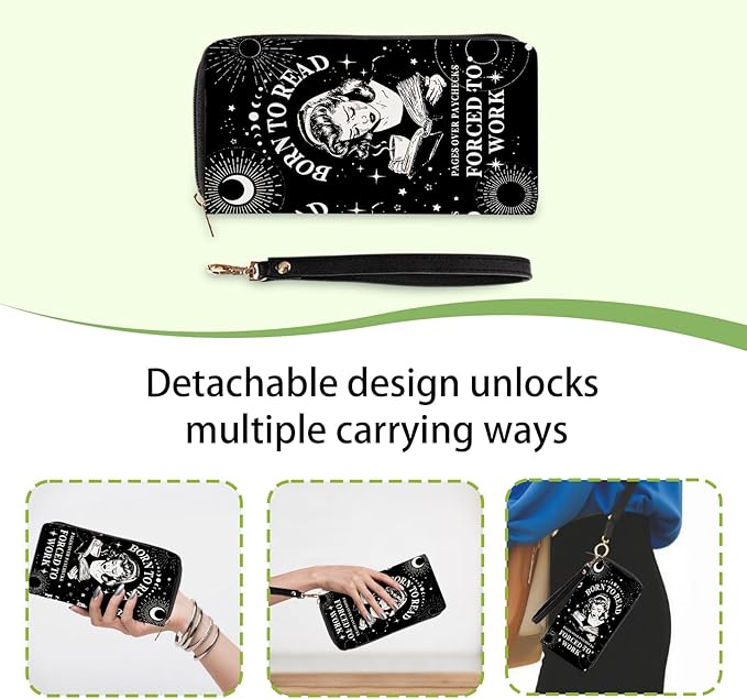 Book Lovers Gift for Womens Wallet - Slim PU Leather "BORN TO READ" Gothic Reader Wallet for Women with Zipper, Credit Card Holder Wallets, Wristlet Wallets for Female Girls Birthday(Reading Gift)