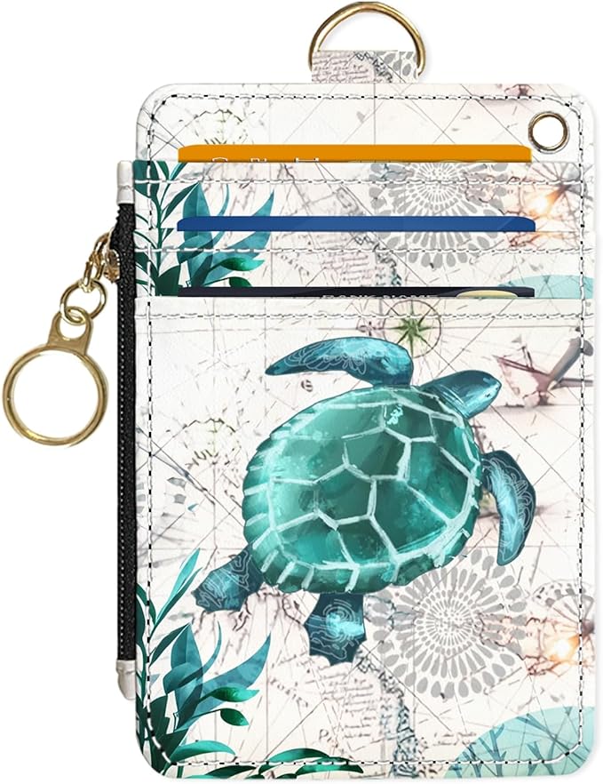 Slim Wallet Credit Card Holder, Map TurtleX, RFID Wallet Women Cute Small Front Pocket Wallet With Zipper, PU Leather Thin travel RFID Blocking Card Case ID Window,Ladies Gifts