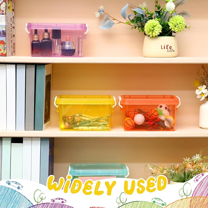 Wenqik 12 Pack Colorful Plastic Storage Bins with Lids 4 Quart Small Storage Latch Box Stackable and Nestable Clear Organizer Bins with Latching Handle and Buckle for Organizing (Colorful)