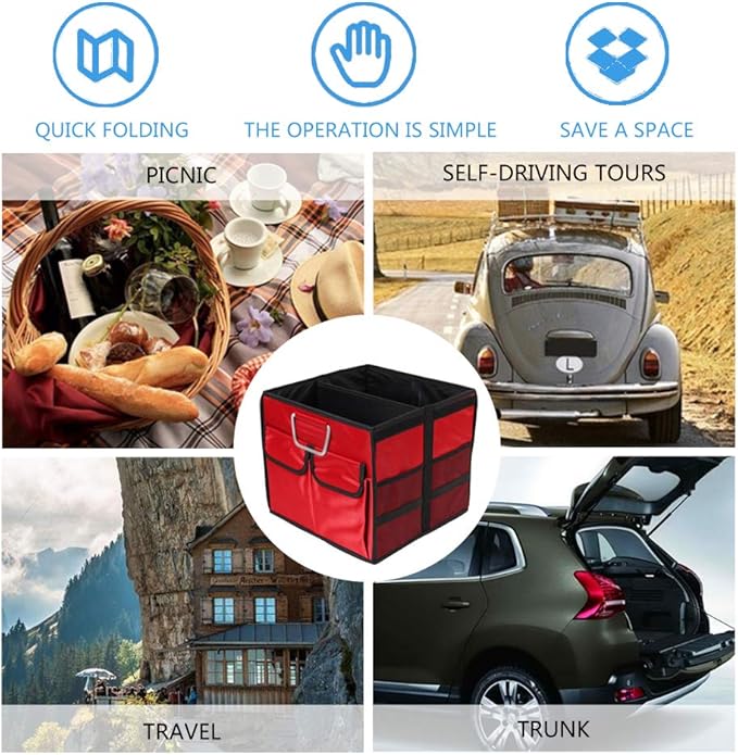 Car Trunk Organizer Collapsible Portable Multi Compartments Organizer with Non Slip Straps for SUV Truck Auto Vehicle Car Auto Minivan(Small without cover, Red)