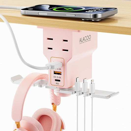 Gaming Headphone Stand with Charging Station - Aluminum Hooks Headphone Holder, Under Desk Headset Stand, 3 USB & AC Outlet, Surge Protector & Cable Organizer, Gift for Girl/Men