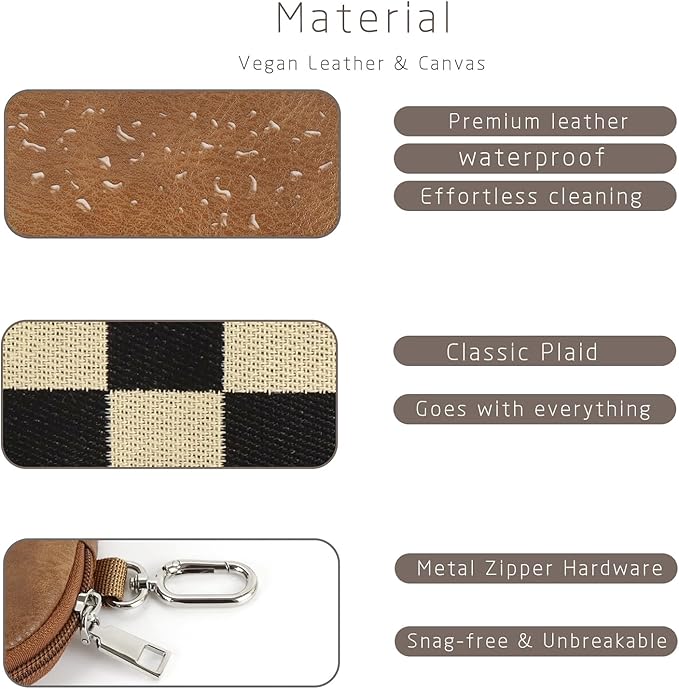 Checkered Dual Pouch Keychain Wallet for Women, Small Mini Zip Leather Coin Purse with Wrist Strap,wristlet hangbags,Brown