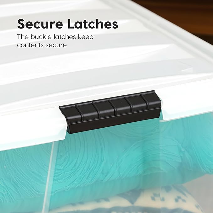IRIS USA 94 Qt Stackable Plastic Storage Bins with Lids, 4 Pack - BPA-Free, Made in USA - See-Through Organizing Solution, Latches, Durable Nestable Containers, Secure Pull Handle - Clear/White