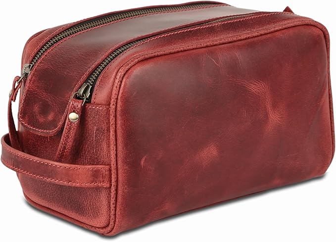 KomalC Leather Toiletry Bag for Men & Women – Handcrafted Travel Grooming Kit with Water-Resistant Lining and Secure Zipper Closure