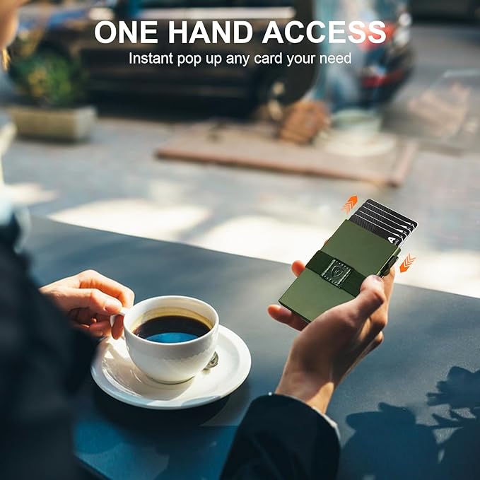 TOYFID Metal Wallet with Quick Access to Cards, Aluminum Card Holder Pop Up Wallet for Men, RFID Minimalist Wallet for Men that Can Hold 14+ Credit Cards, Ideal Gift for Men, Army Green